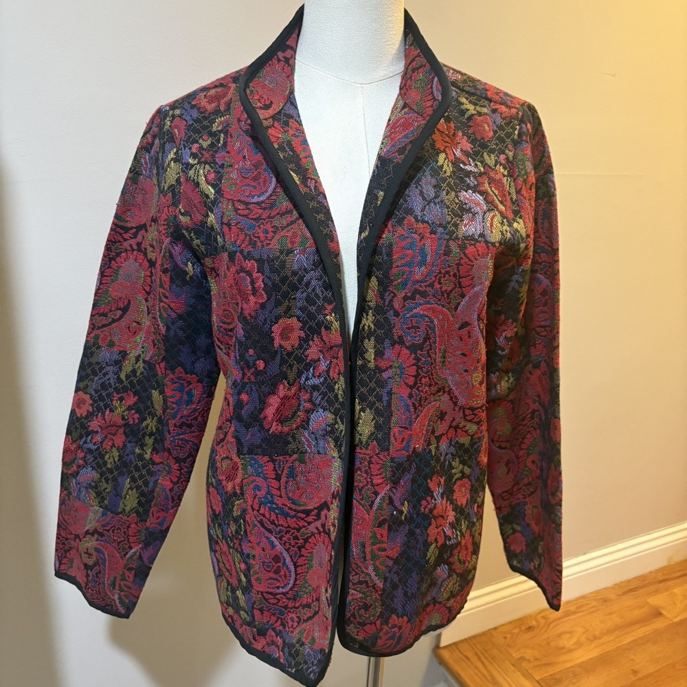 Serengeti Floral Tapestry Open Jacket Blazer Topper Sz S Red Purple Green Boho